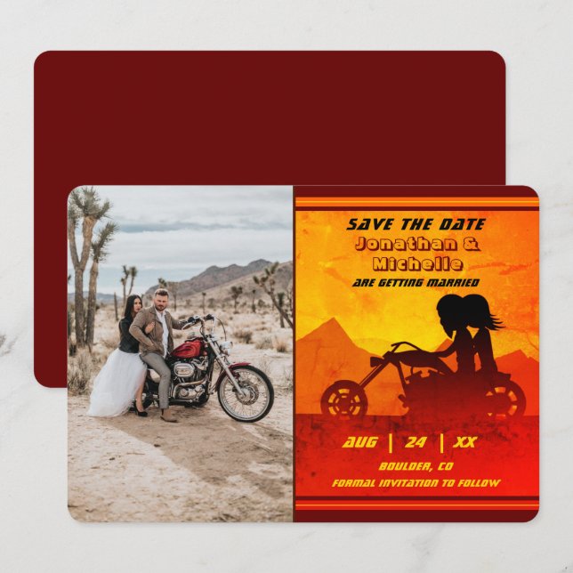 Motorcycle Couple Mountain Sunset Photo Wedding Save The Date (Front/Back)
