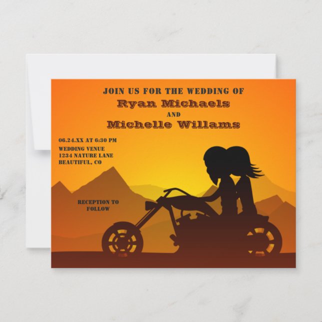 Motorcycle Couple Mountain Sunset/Sunrise Wedding Invitation (Front)