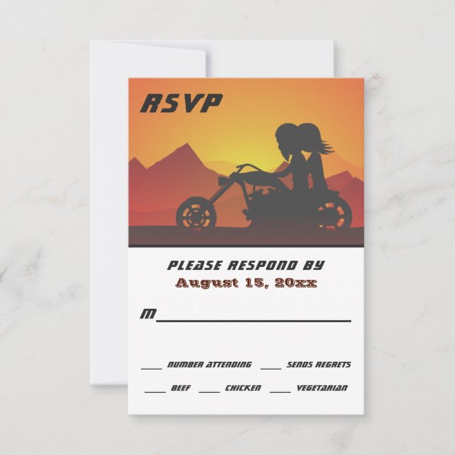 Motorcycle Couple Mountain Sunset/Sunrise Wedding RSVP Card (Front)