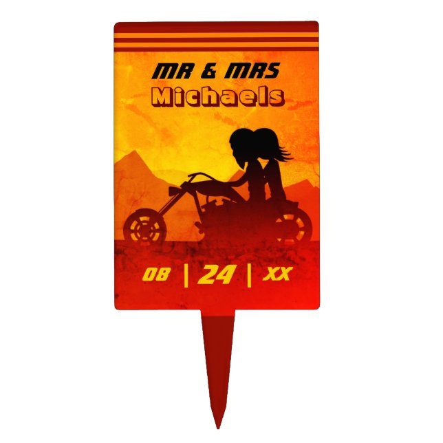 Motorcycle Couple Mountain Sunset Wedding Cake Topper (Front)