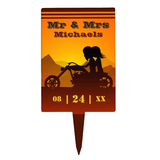 Motorcycle Couple Mountain Sunset Wedding Cake Topper (Front)