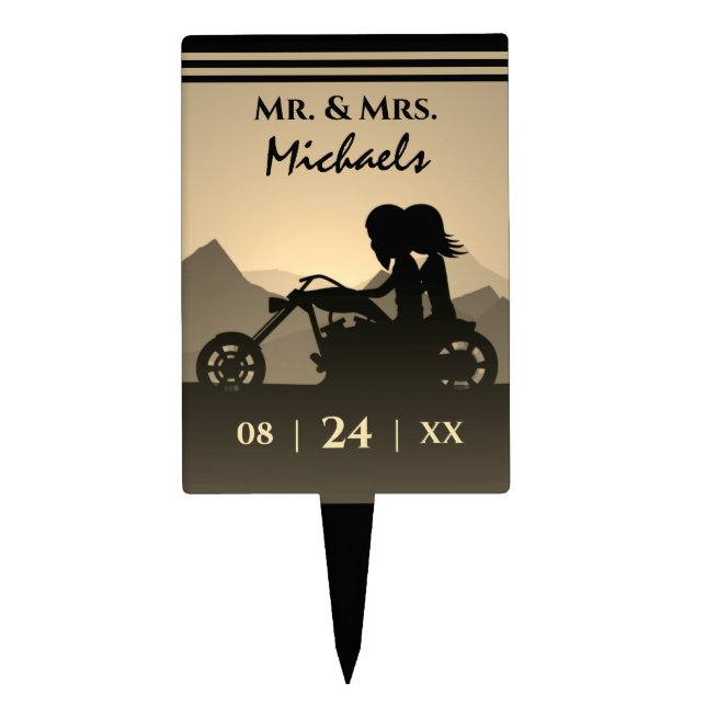 Motorcycle Couple Mountain Sunset Wedding Cake Topper (Front)