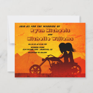 Motorcycle Couple Mountain Sunset Wedding Invitation