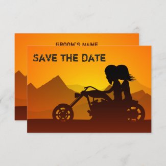 Motorcycle Couple, Mountains and Sunset Wedding Save The Date