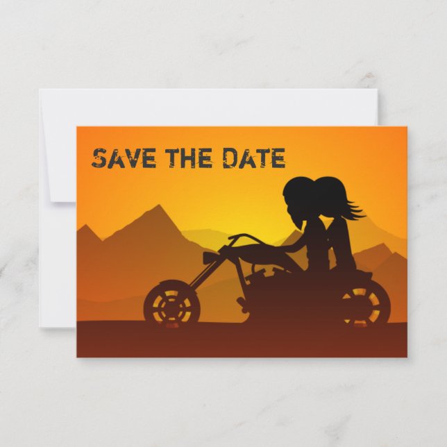 Motorcycle Couple, Mountains and Sunset Wedding Save The Date (Front)