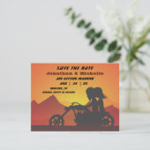Motorcycle Couple Mountains Sunset/Sunrise Wedding Save The Date (Standing Front)