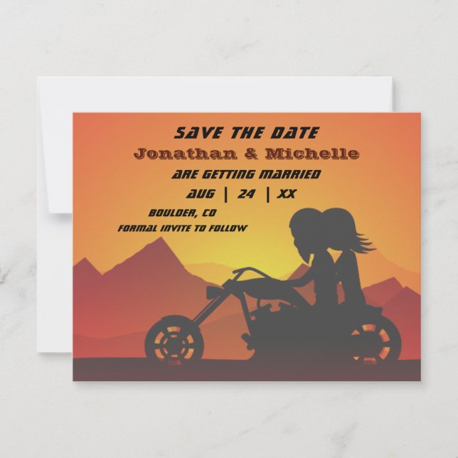 Motorcycle Couple Mountains Sunset/Sunrise Wedding Save The Date (Front)