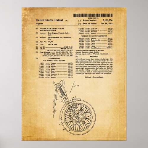 Motorcycle Front Fender 1993 Patent Old Book Page Poster