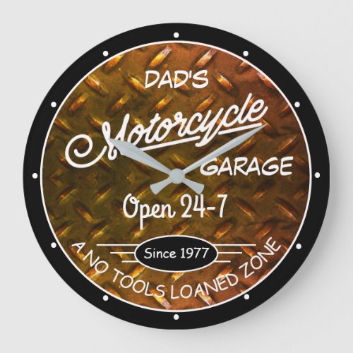 Motorcycle Garage Any Name Date Diamond Plate  Large Clock