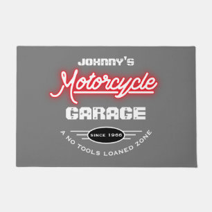 Motorcycle Garage Any Name Red Neon Effect Grey Doormat