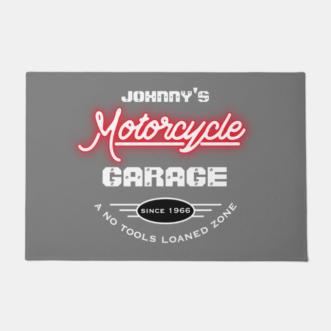 Motorcycle Garage Any Name Red Neon Effect Grey Doormat (Front)