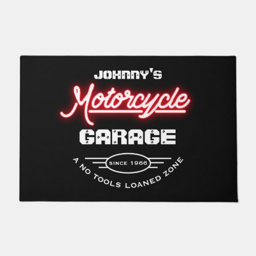 Motorcycle Garage Any Name Red Neon Effect Slogan Doormat