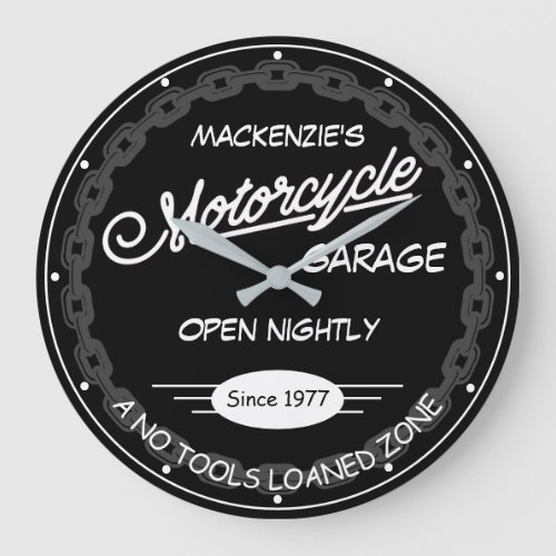 Motorcycle Garage Name Date Chain White Black Grey Large Clock