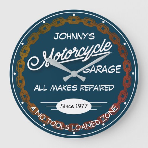 Motorcycle Garage Name Date Chain White Blue Large Clock