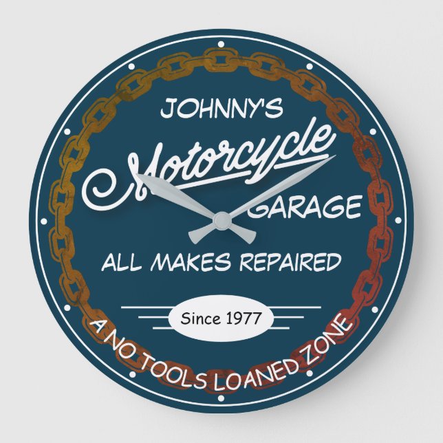 Motorcycle Garage Name Date Chain White Blue Large Clock (Front)