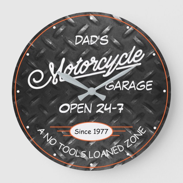 Motorcycle Garage Name Date Diamond Plate Image Large Clock (Front)