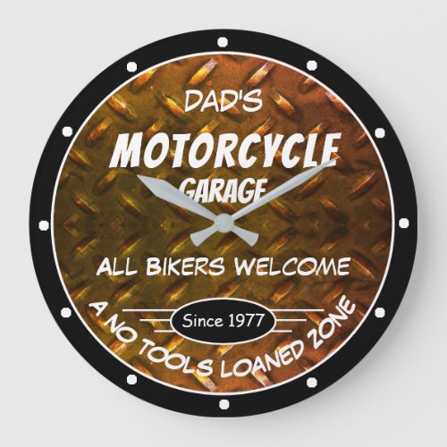 Motorcycle Garage Name Date Diamond Plate Slogan Large Clock