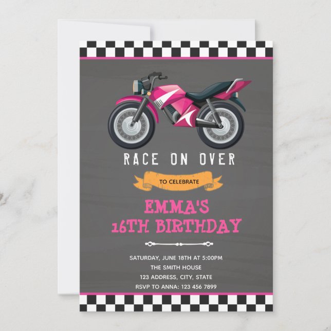 Motorcycle girl pink birthday invitation (Front)