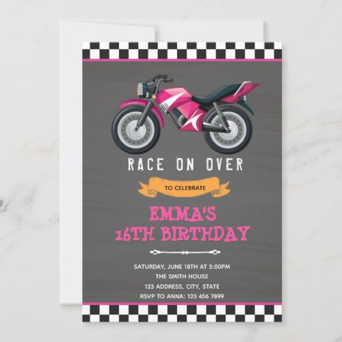 Motorcycle girl pink birthday invitation