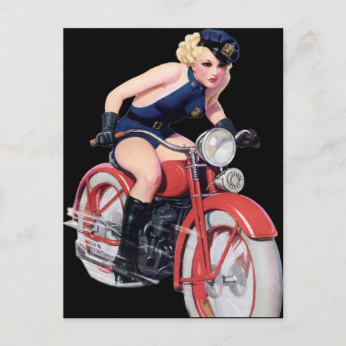 Motorcycle girl Vintage pin up art  postcard