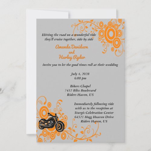 Motorcycle Gray Black Orange Wedding Invitation