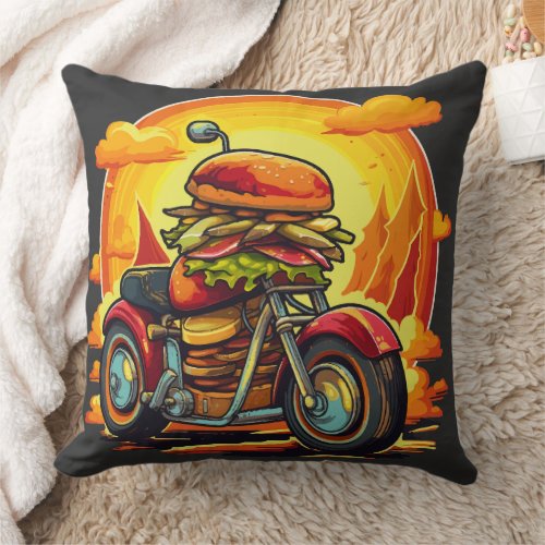 motorcycle in a bun hamburger throw pillow