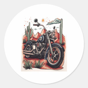 Motorcycle in Desert Cactus Western Set Classic Round Sticker