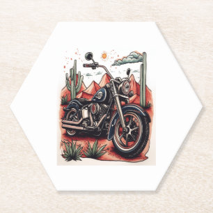 Motorcycle in Desert Cactus Western Set Paper Coaster