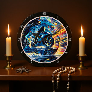 Motorcycle in Motion Large Clock