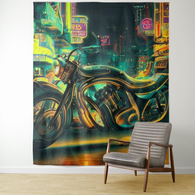 Motorcycle in Neon City Tapestry (In Situ)