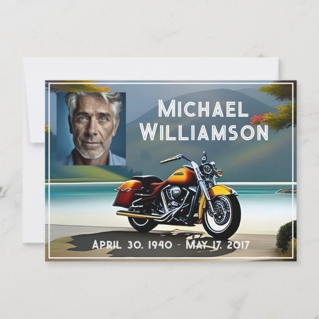 Motorcycle Near the Water Celebration of Life Invitation (Front)