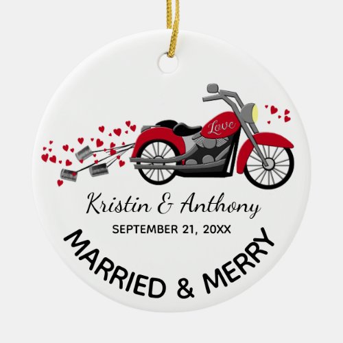 Motorcycle Newlyweds Wedding with Photo Ceramic Ornament