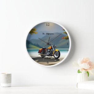 Motorcycle Parked near Lake Clock