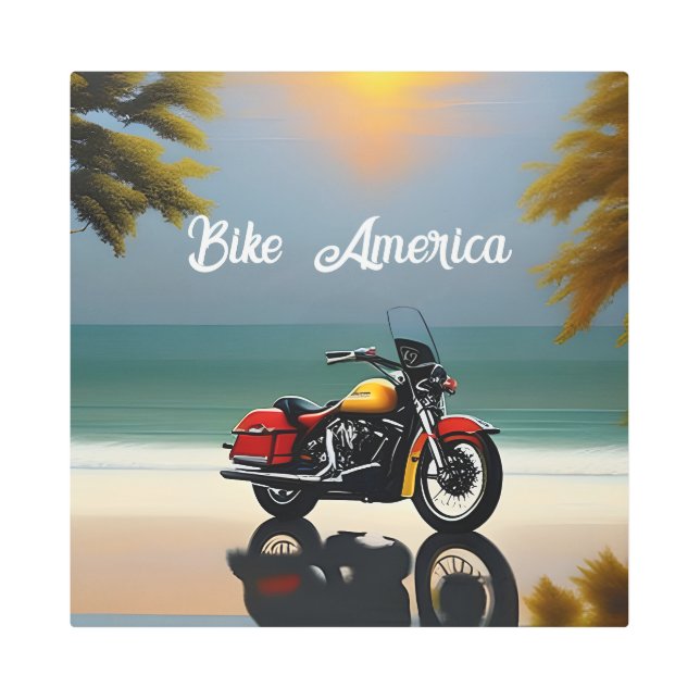  Motorcycle Parked near Ocean Metal Print (Front)