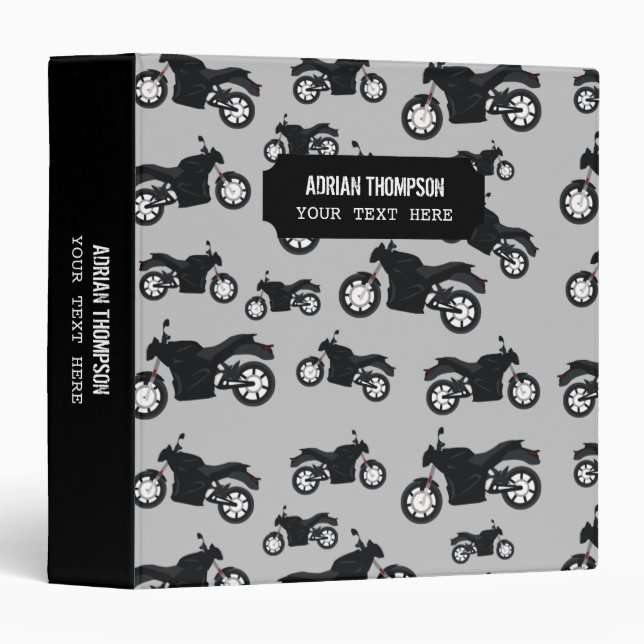 Motorcycle Pattern Custom Name & Text 3 Ring Binder (Front/Spine)