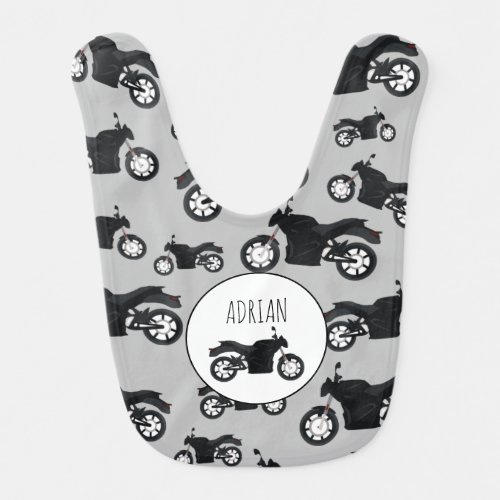 Motorcycle Pattern Customized Name Baby Bib