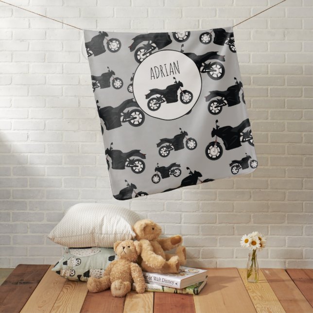 Motorcycle Pattern Customized Name Baby Blanket (In Situ)