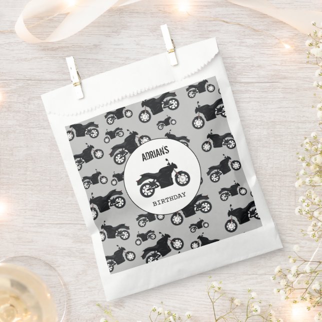 Motorcycle Pattern Customized Name Birthday Favor Bag (Clipped)