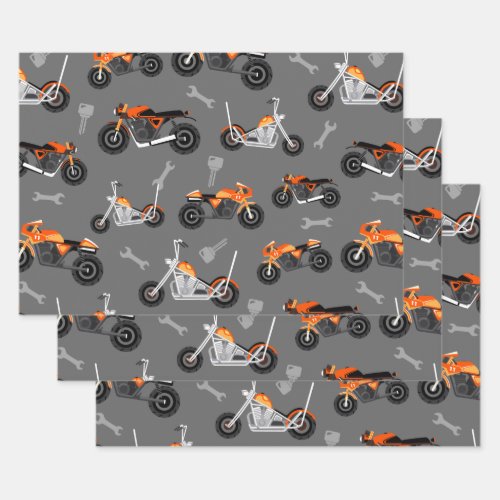 Motorcycle Pattern Gift Biker Tools Gray Orange Wrapping Paper Sheets