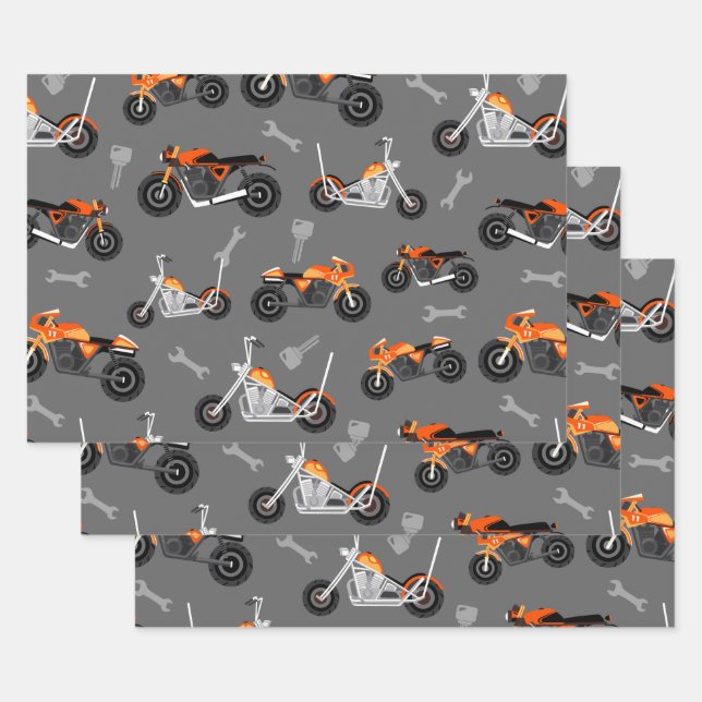Motorcycle Pattern Gift Biker Tools Gray Orange Wrapping Paper Sheets (Set)