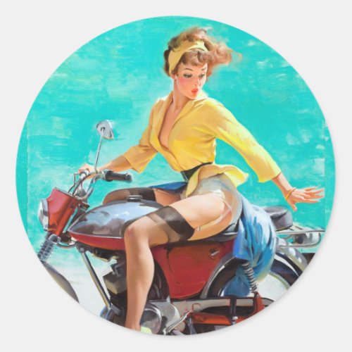 Motorcycle Pin Up Classic Round Sticker