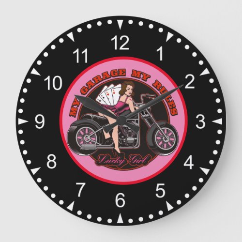 Motorcycle Pinup Babe And Cards Large Clock