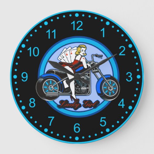 Motorcycle Pinup Babe And Cards Large Clock
