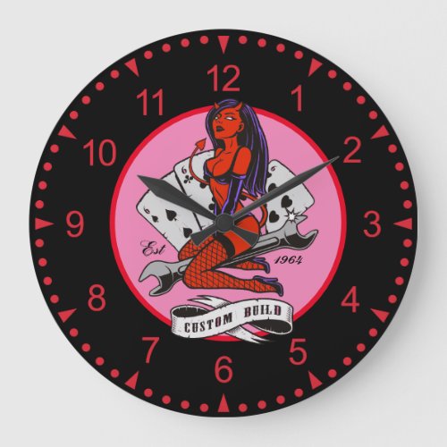 Motorcycle Pinup Babe And Cards With Custom Date Large Clock