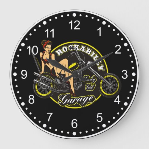 Motorcycle Pinup Babe Rockabilly Garage Large Clock