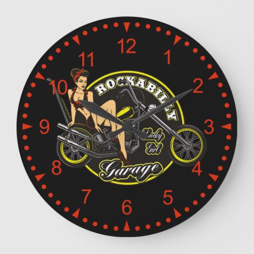 Motorcycle Pinup Babe Rockabilly Garage Large Large Clock