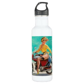 Motorcycle Pinup Girl - Retro Pinup Art Water Bottle by PinUpGallery at Zazzle