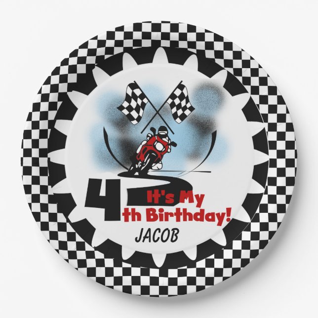 Motorcycle Racing 4th Happy Birthday Paper Plates (Front)