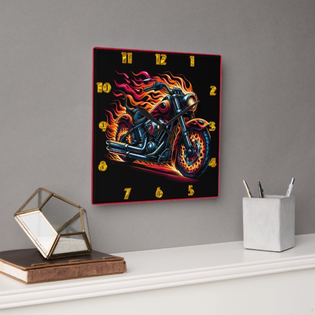 Motorcycle racing down a dark highway square wall clock (Office)