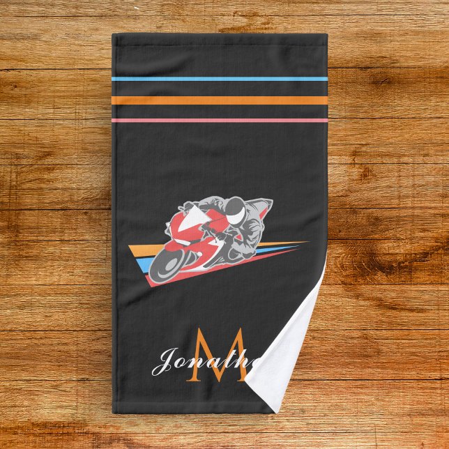 Motorcycle Racing Theme Motorbike Boys Name Gray  Hand Towel (Creator Uploaded)